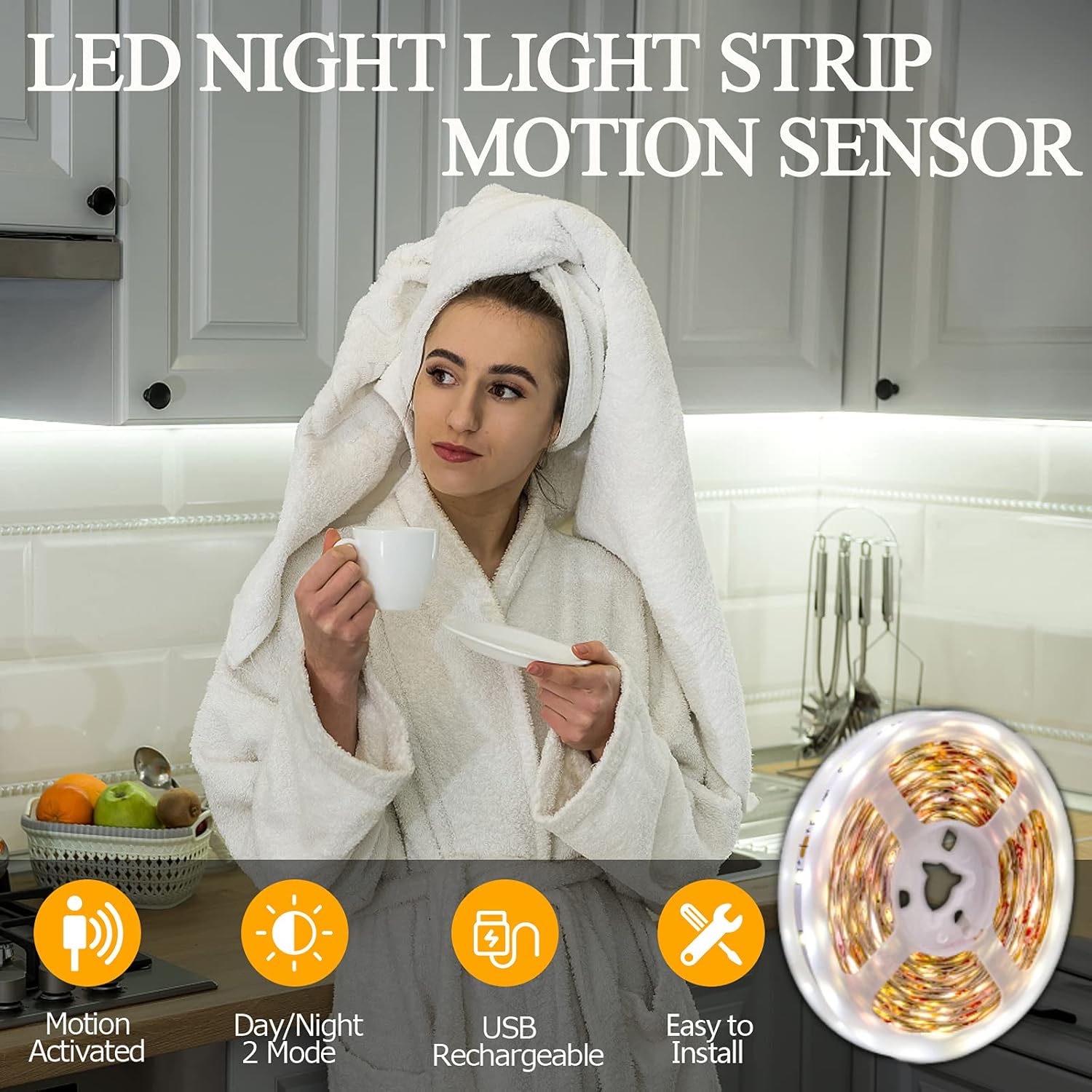 Motion Sensor LED Light Strip - Under Cabinet & Indoor Closet Lights, 6.56ft, 6000K